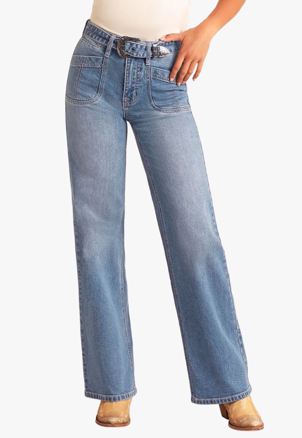 Rock and Roll Womens Belted Relaxed Flare Jeans