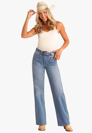 Rock and Roll Womens Belted Relaxed Flare Jeans