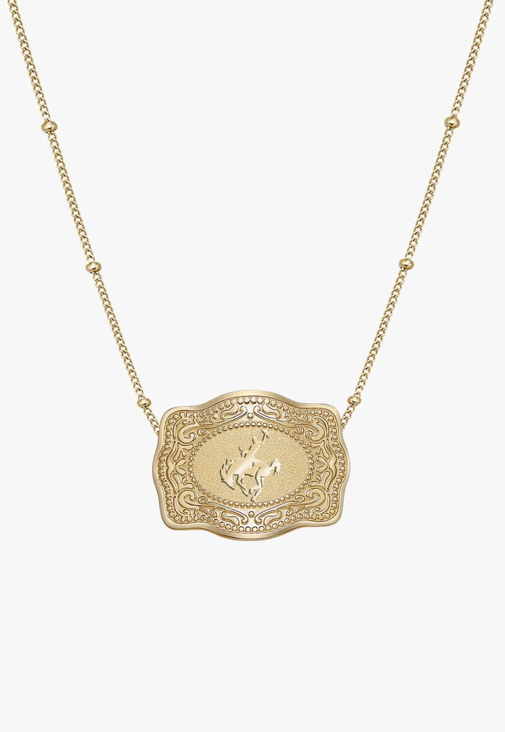 SpurWest Bronco Mini Belt Buckle Beaded Chain Necklace