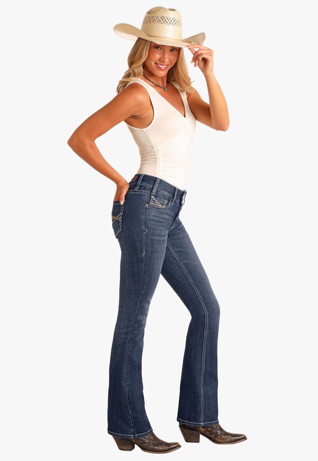 Rock and Roll Womens Curved Emb Bootcut Jean