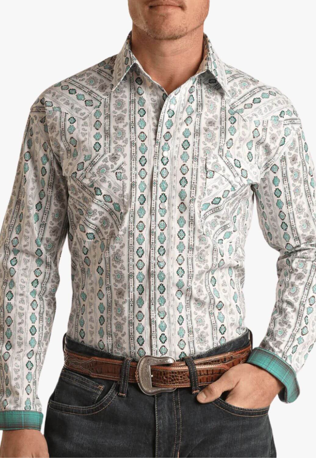 Panhandle Mens Aztec Print Snap Button Long Sleeve Shirt