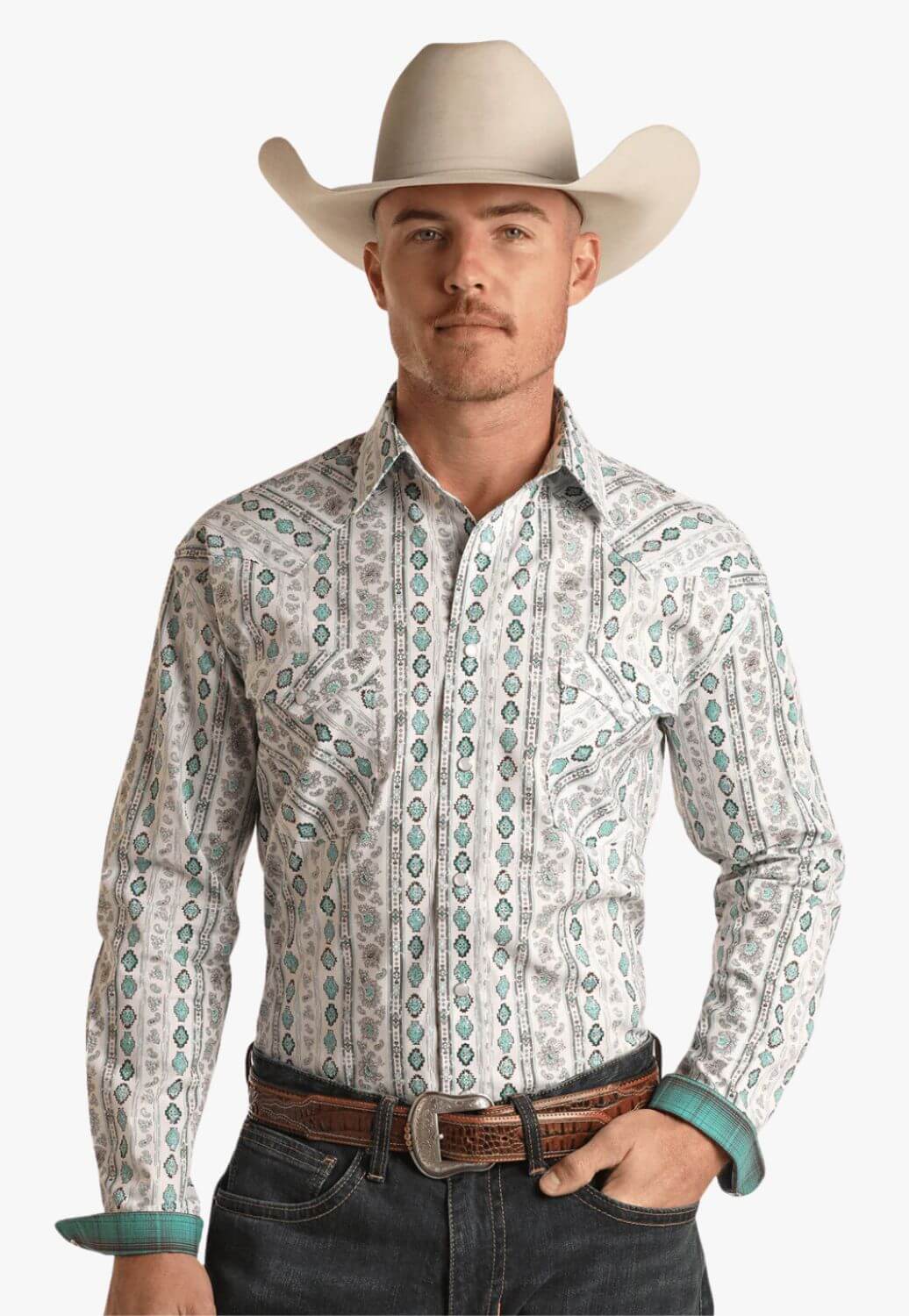 Panhandle Mens Aztec Print Snap Button Long Sleeve Shirt