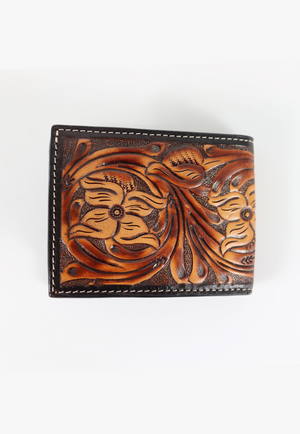 3D Mens Hand Tooled Floral Embroidered Inlay Bifold Wallet