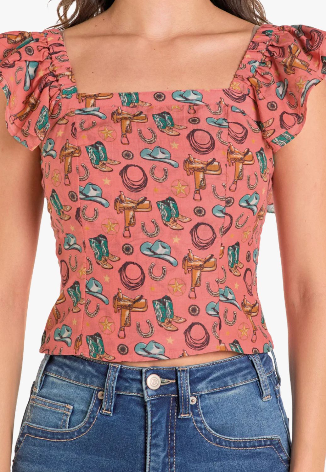 Rock and Roll Womens Western Flutter Sleeve Blouse