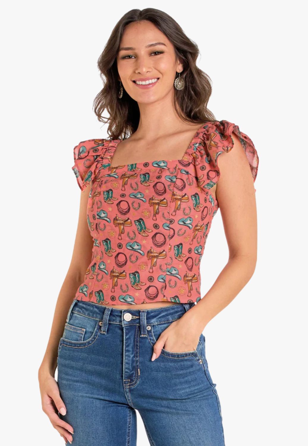 Rock and Roll Womens Western Flutter Sleeve Blouse