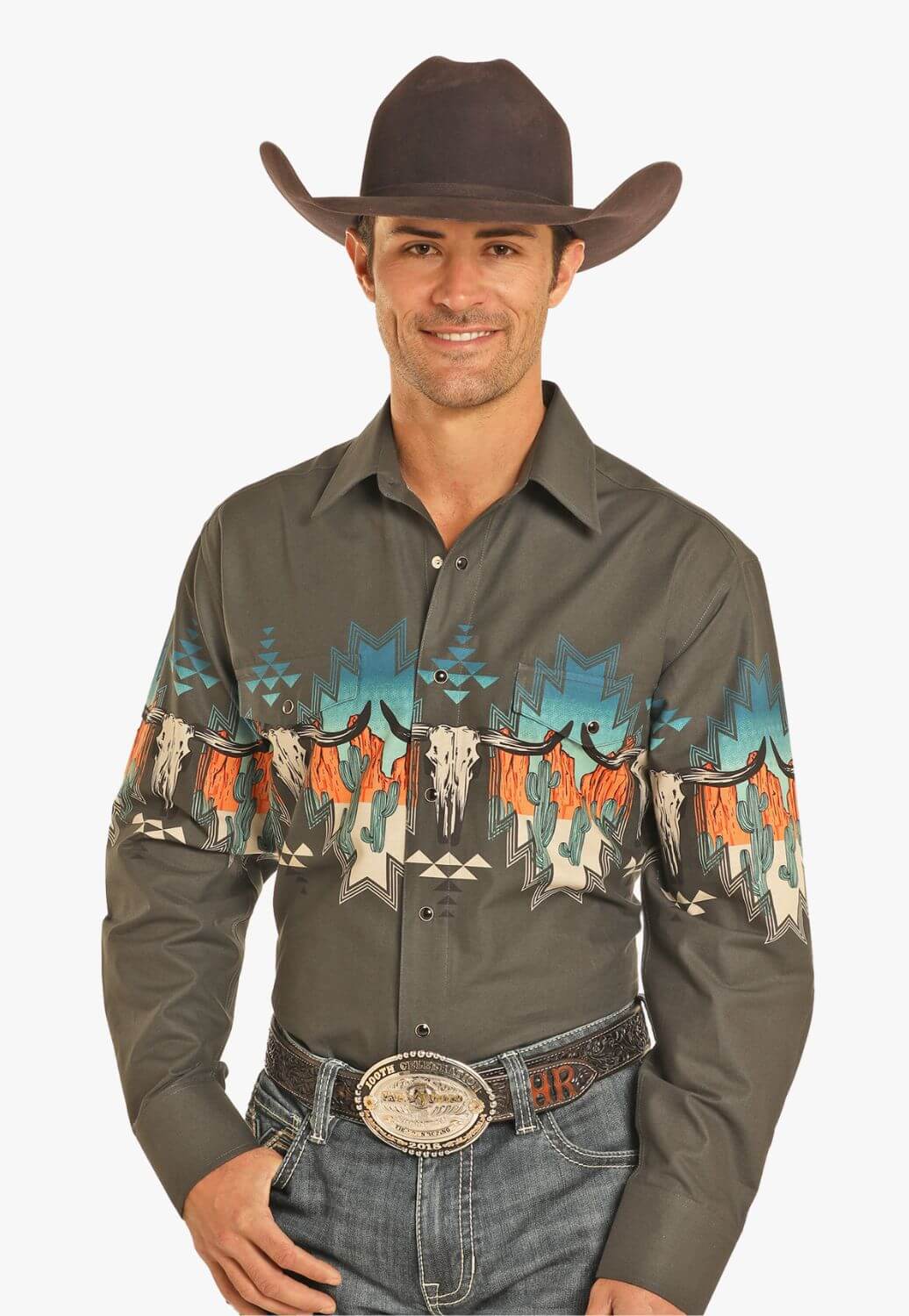 Panhandle Mens Aztec Skull Boarder Long Sleeve Shirt