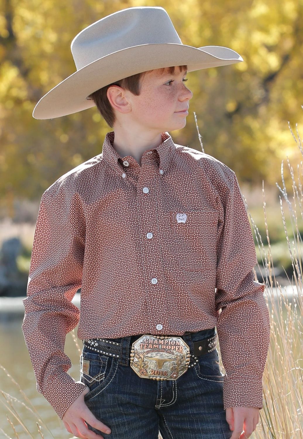 Cinch CLOTHING-Boys Long Sleeve Shirts Cinch Boys Geometric Print Western Long Sleeve Shirt