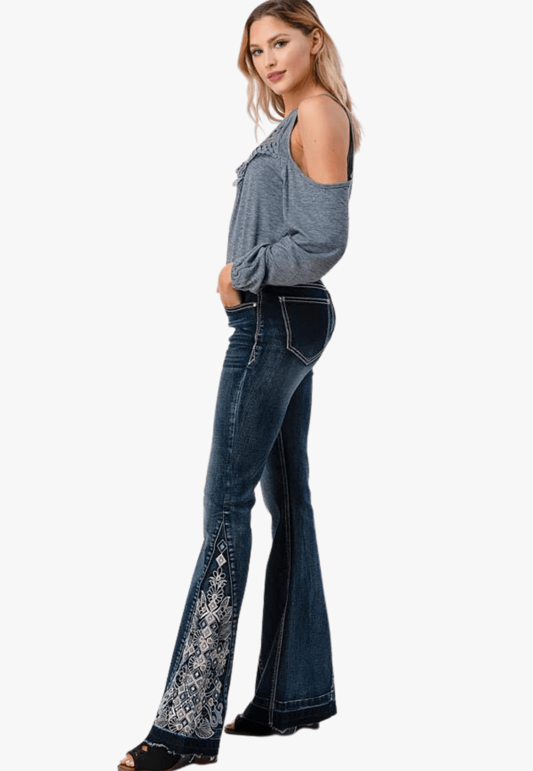 Grace In LA CLOTHING-Womens Jeans Grace In LA Womens Embroidered Side Detail Flare Jean