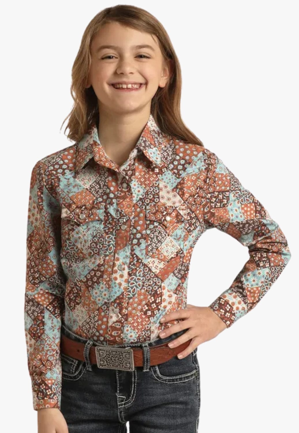 Panhandle CLOTHING-Girls Long Sleeve Shirts Panhandle Girls Paisley Patchwork Snap Long Sleeve Shirt