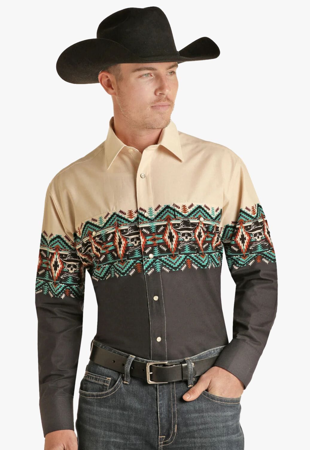 Panhandle CLOTHING-Mens Long Sleeve Shirts Panhandle Mens Aztec Skull Border Long Sleeve Shirt