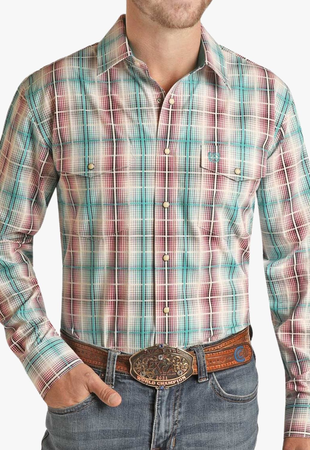 Panhandle CLOTHING-Mens Long Sleeve Shirts Panhandle Mens Plaid Poplin Long Sleeve Shirt