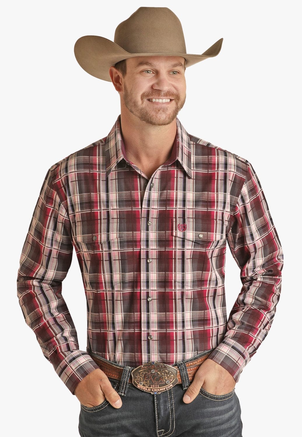 Panhandle CLOTHING-Mens Long Sleeve Shirts Panhandle Mens Plaid Slim Fit Poplin Long Sleeve Shirt