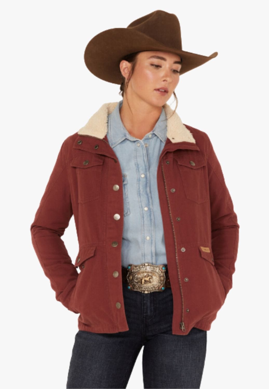 Powder River CLOTHING-Womens Jackets Powder River Womens Sherpa Lined Collar Military Jacket