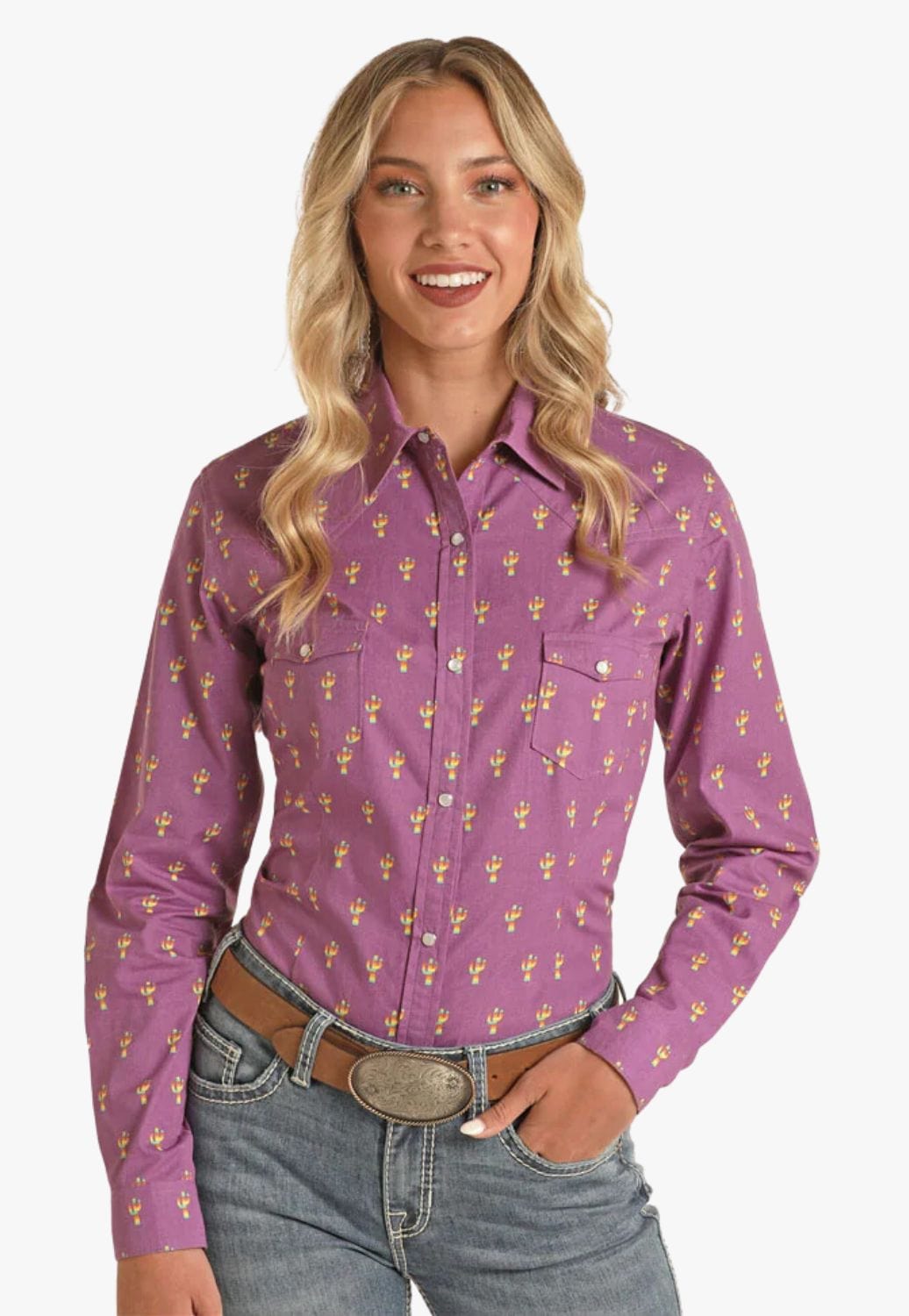 Red Label CLOTHING-Womens Long Sleeve Shirts Red Label Womens Print Snap Long Sleeve Shirt