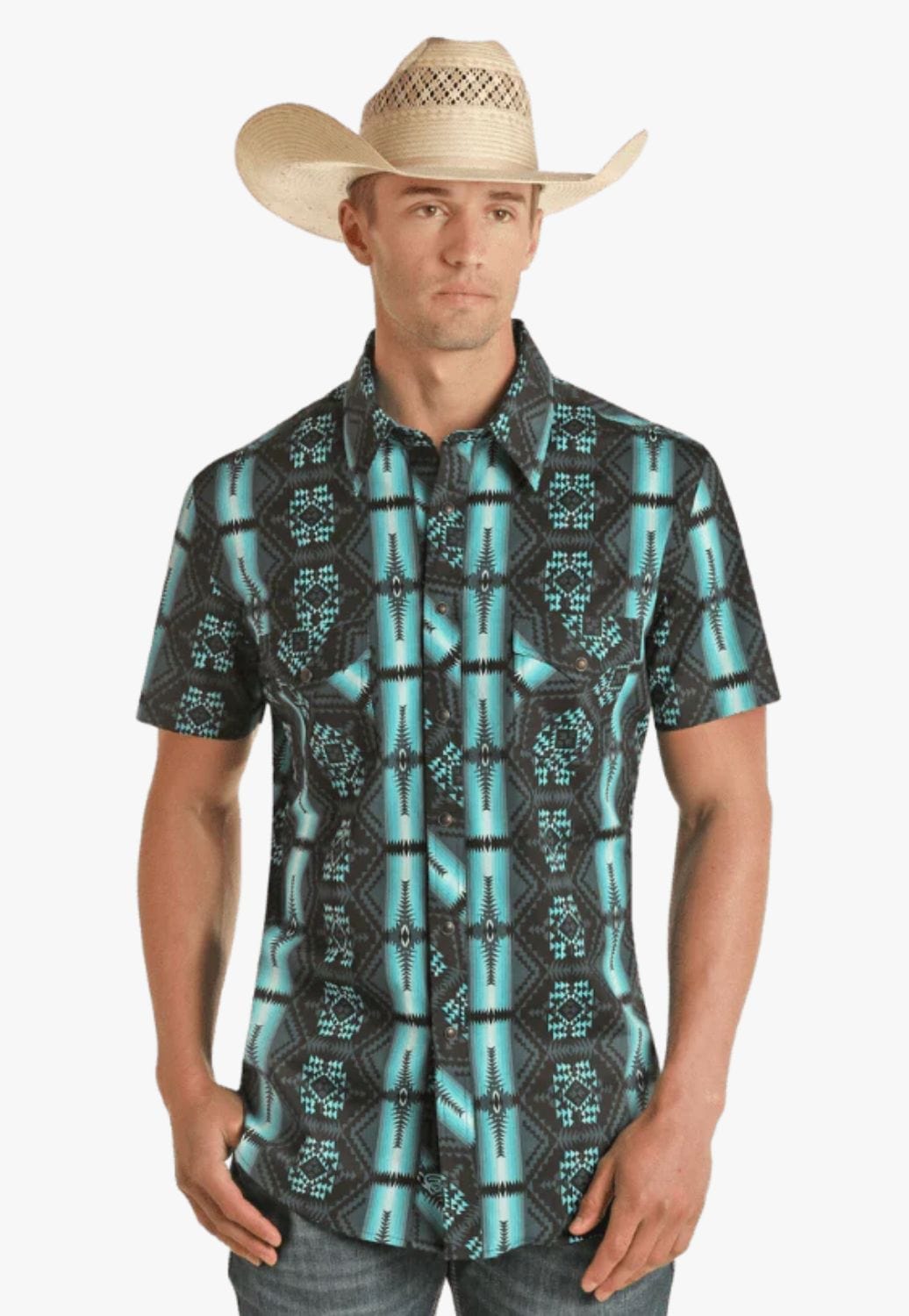 Rock and Roll Mens Aztec Print Snap Short Sleeve Shirt- W. Titley & Co