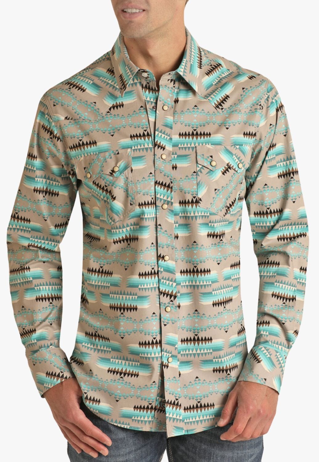 Rock and Roll CLOTHING-Mens Long Sleeve Shirts Rock and Roll Mens Aztec Snap Long Sleeve Shirt