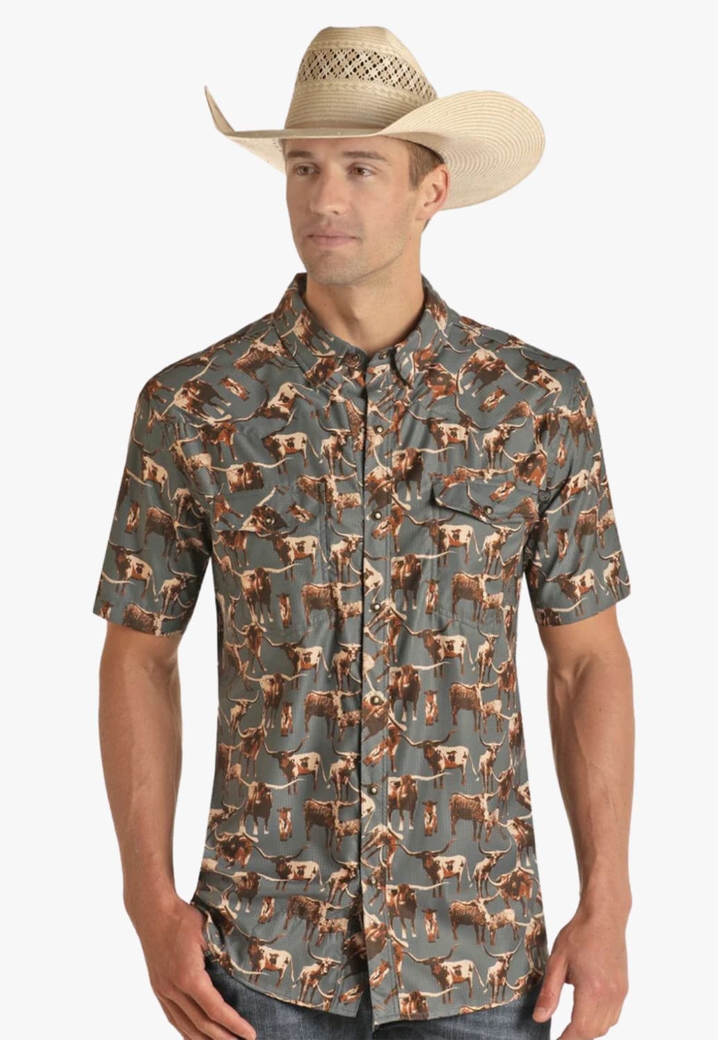 Rock and Roll CLOTHING-Mens Short Sleeve Shirts Rock and Roll Mens Longhorn Ripstop Snap Short Sleeve Shirt