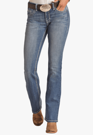 Rock and Roll CLOTHING-Womens Jeans Rock and Roll Womens Mid Rise Bootcut Riding Jean