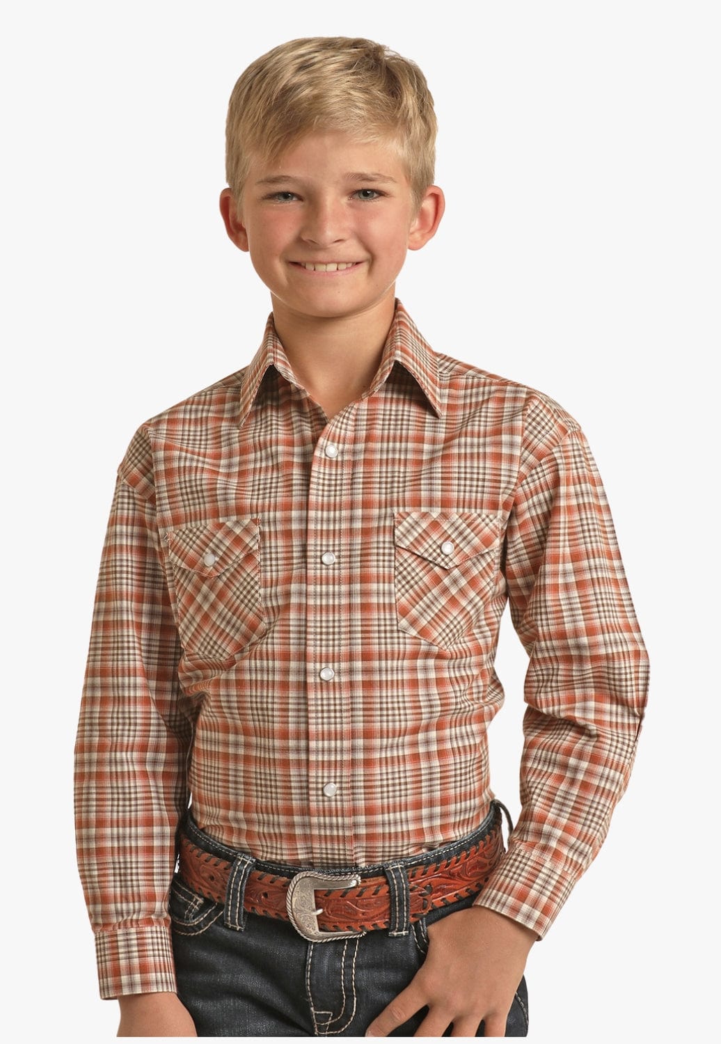 Rough Stock CLOTHING-Boys Long Sleeve Shirts Rough Stock Boys Plaid Stretch Snap Long Sleeve Shirt