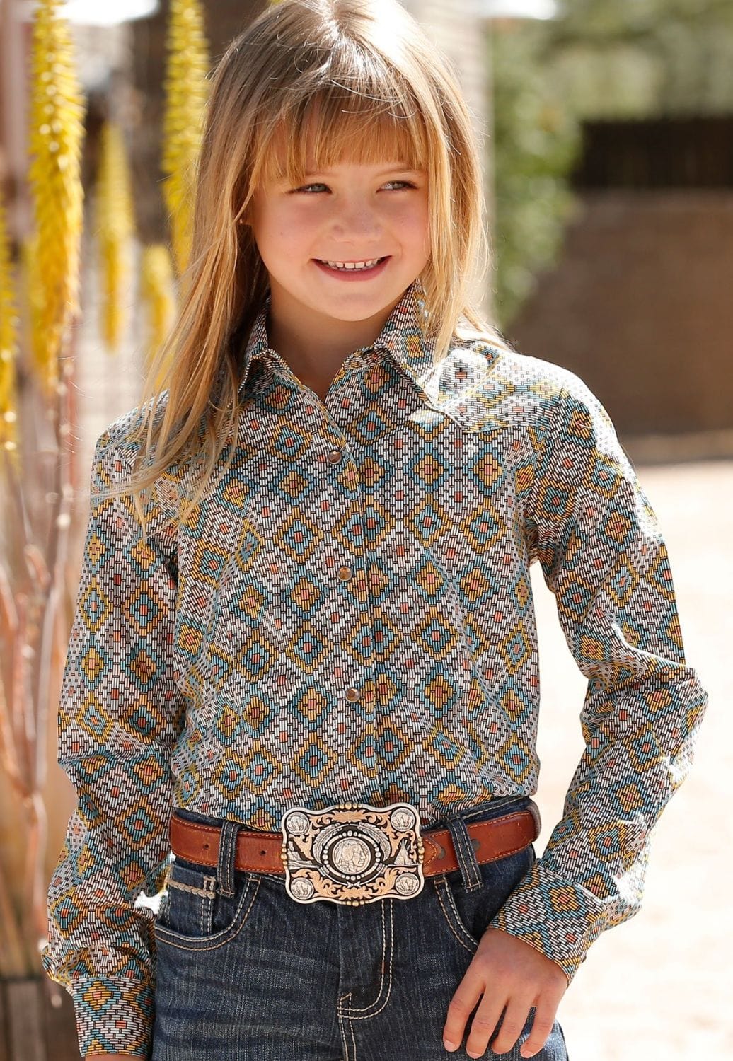 Cruel Girl CLOTHING-Girls Long Sleeve Shirts Cruel Girl Girls Diamond Print Snap Long Sleeve Shirt