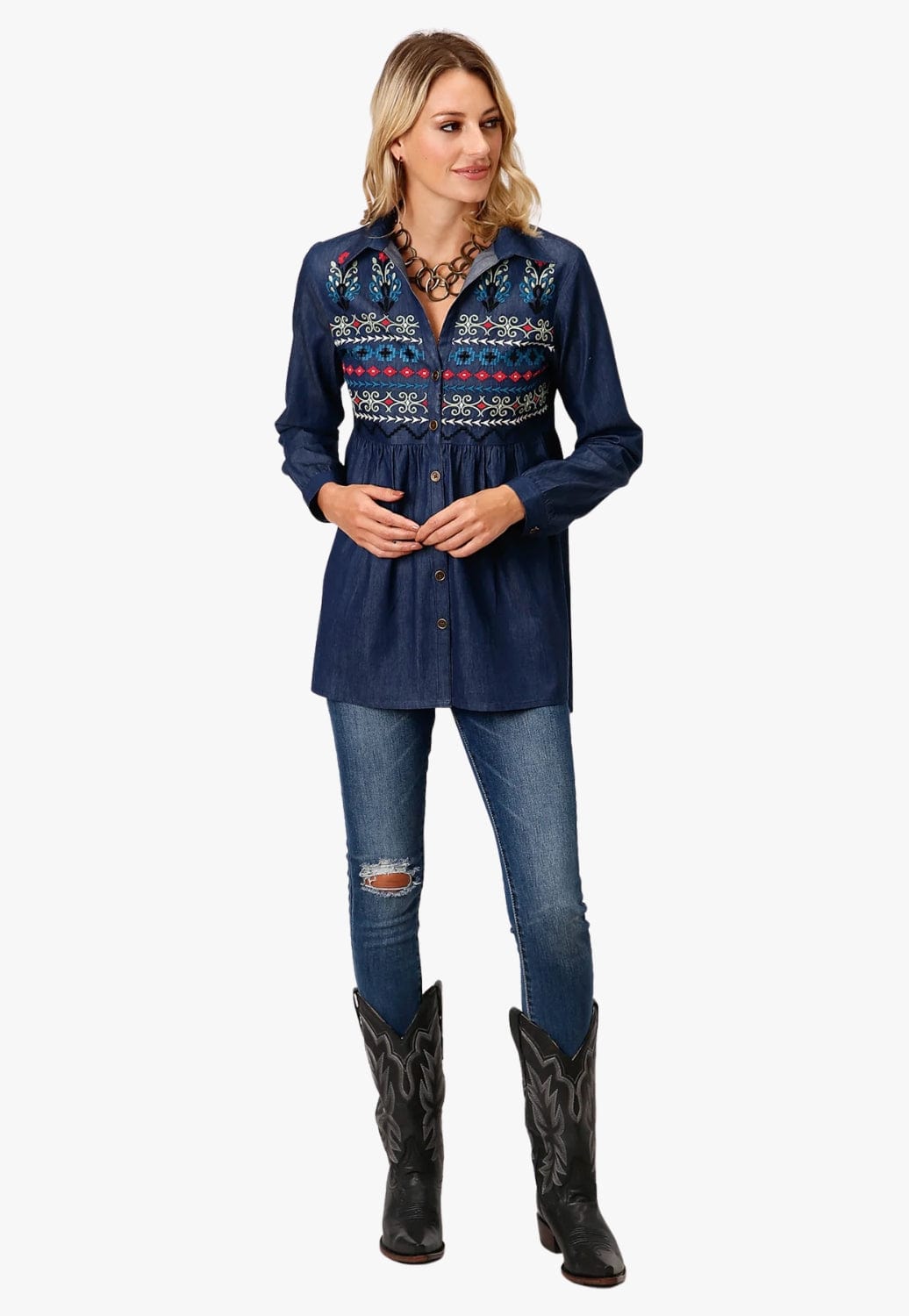 Roper CLOTHING-Womens Dress Tops / Shirts Roper Womens Studio West Collection Long Sleeve Tunic Top